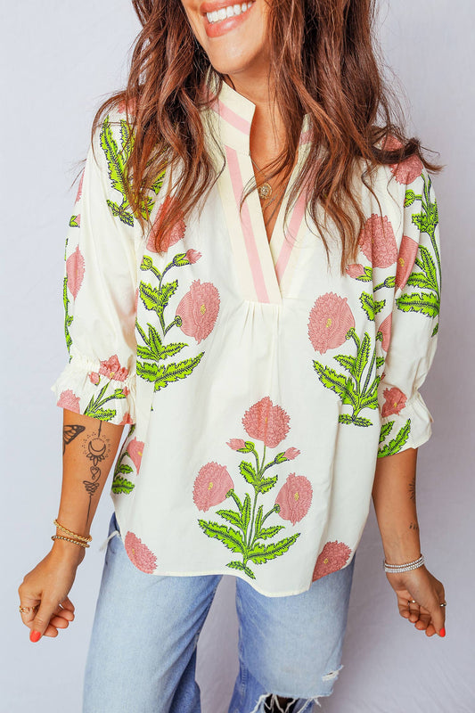 Wild Flower Print Collared V Neck 3/4 Sleeve Blouse