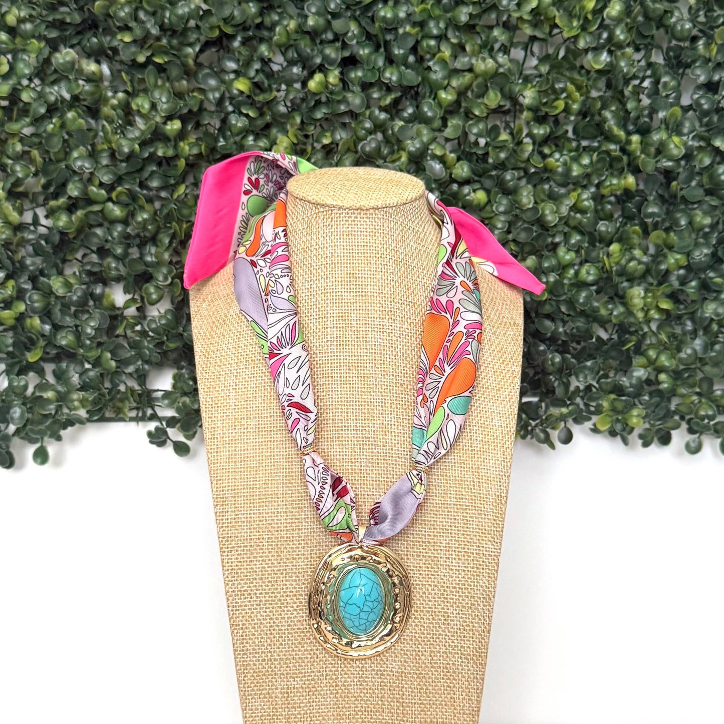 Scarf Necklace Turquoise Gold Oversized Pendant Charm