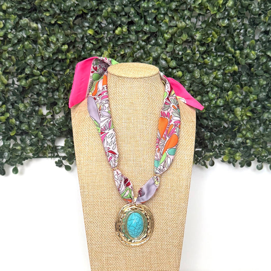 Scarf Necklace Turquoise Gold Oversized Pendant Charm