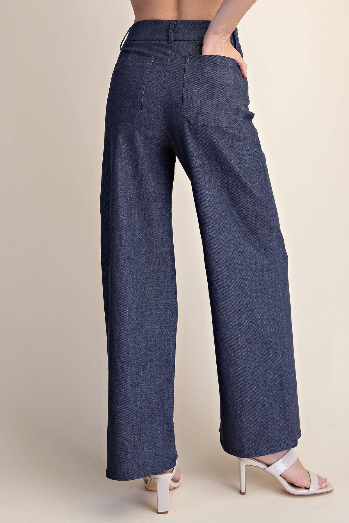 Dark Denim -Stretchy Jeans High Rise Front Pocket Wide Leg