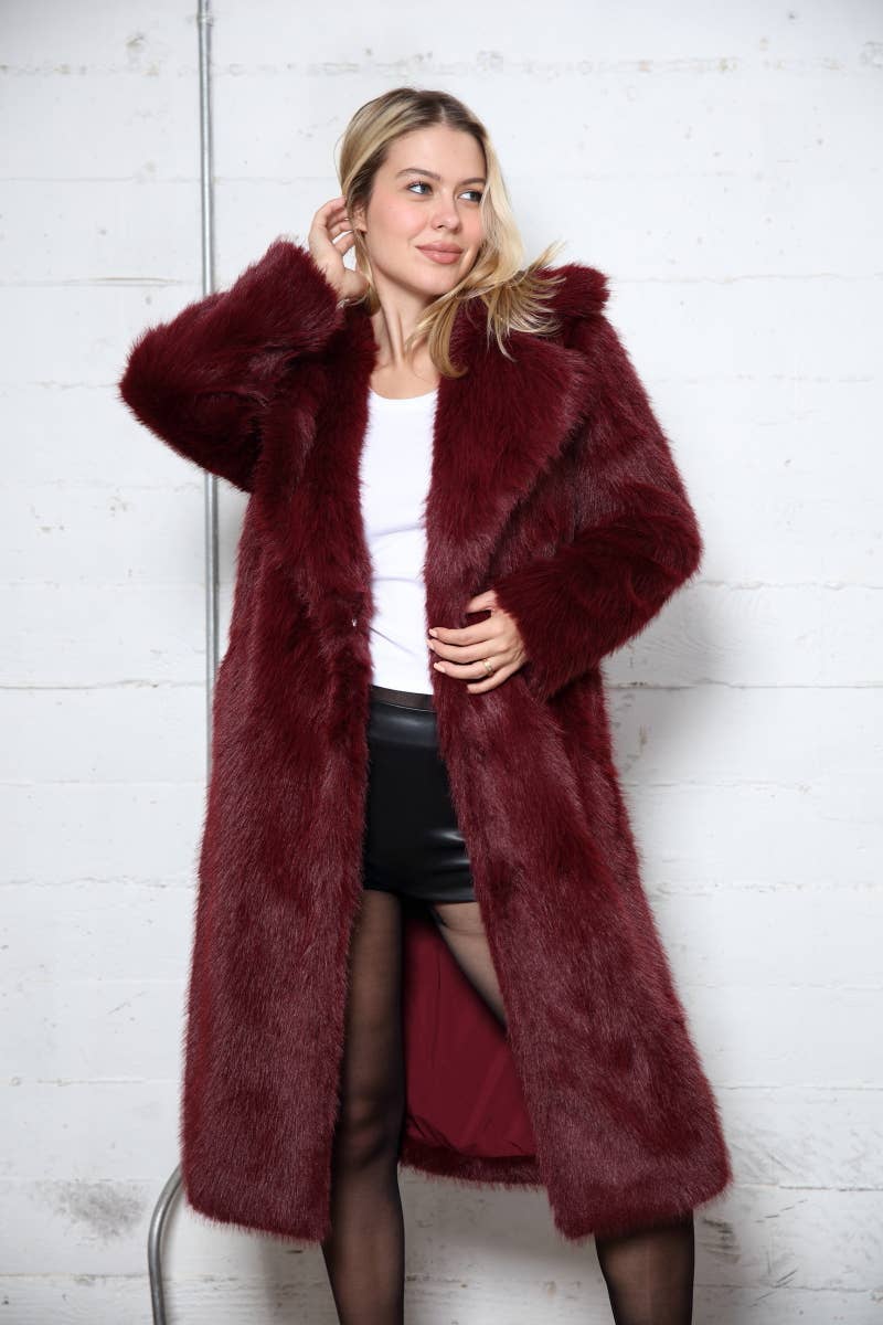 Burgundy Long Hair Faux Fur coat