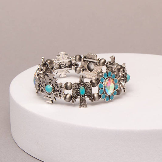 Western Turquoise Stretch Bracelet With Aztec Designs