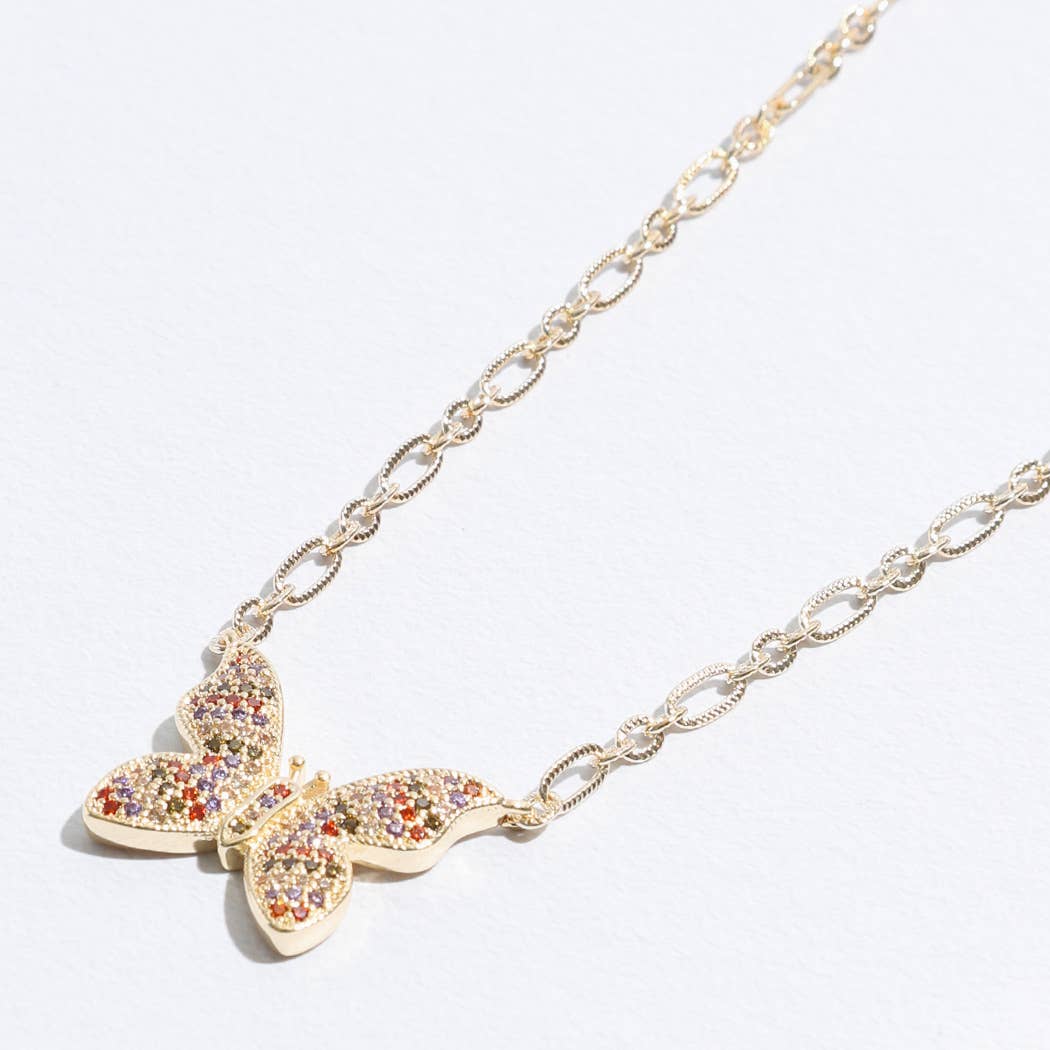Colorful CZ Butterfly Pendant Linked Necklace
