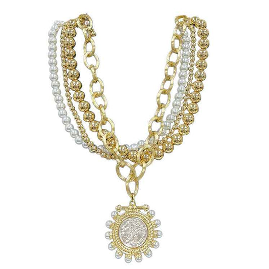 Layered Gold & Pearl Beaded necklace w/ Lg  Stamped Charm