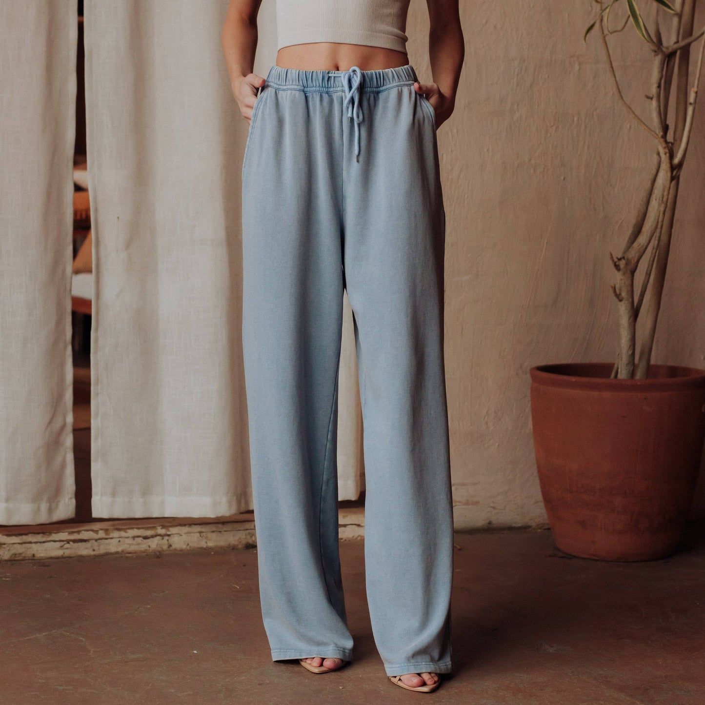 Panache Apparel Co. - Lt. Blue Washed Soft Sweatpants & Cropped Button Up Set