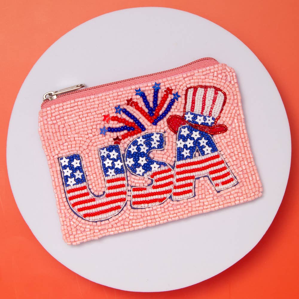 USA Flag Lettering with Firework & Top Hat Beaded Coin Bag