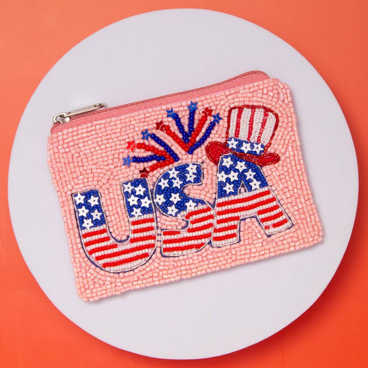 USA Flag Lettering with Firework & Top Hat Beaded Coin Bag