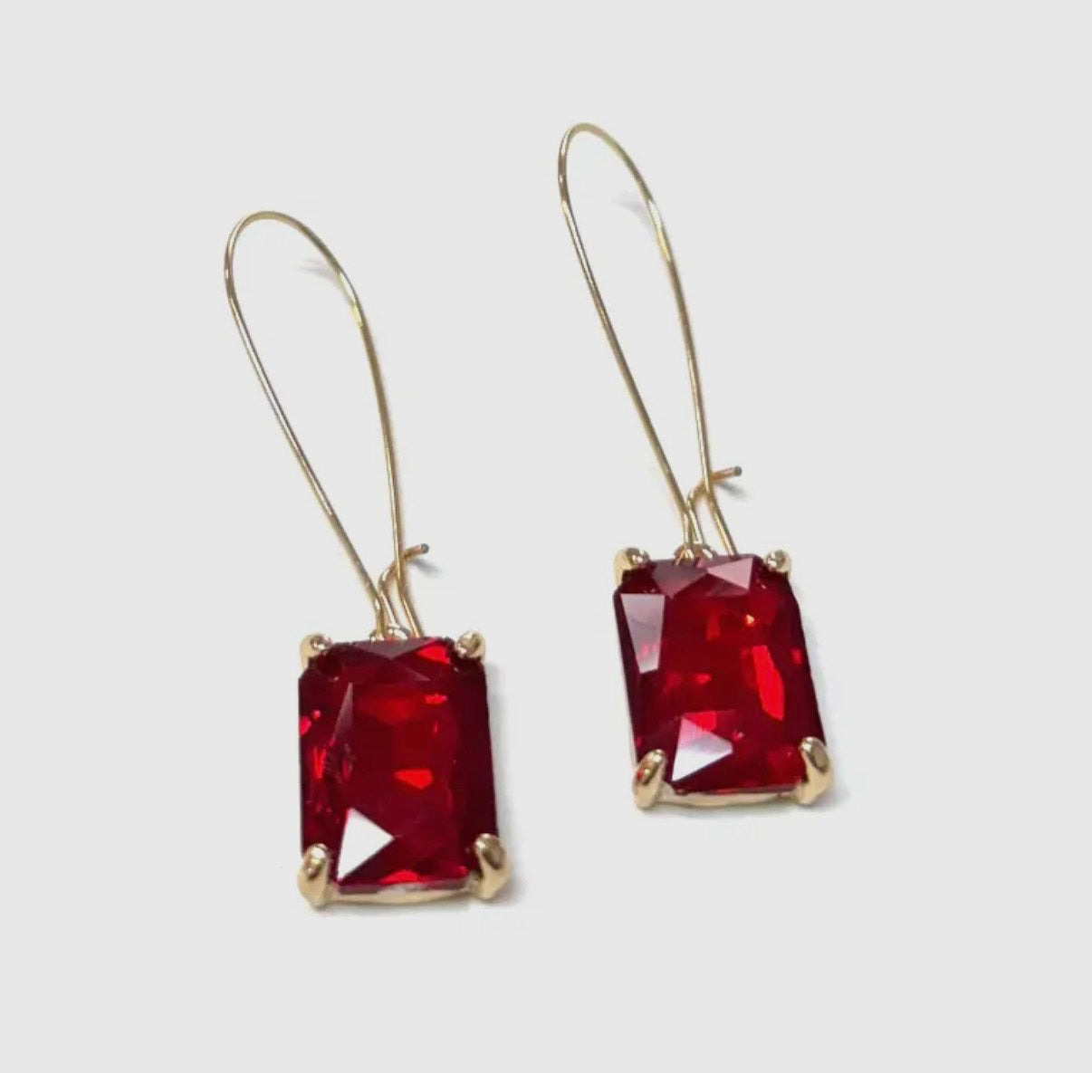 Red Emerald Cut Glass Bead with Kidney Wire Dangle Earrings 